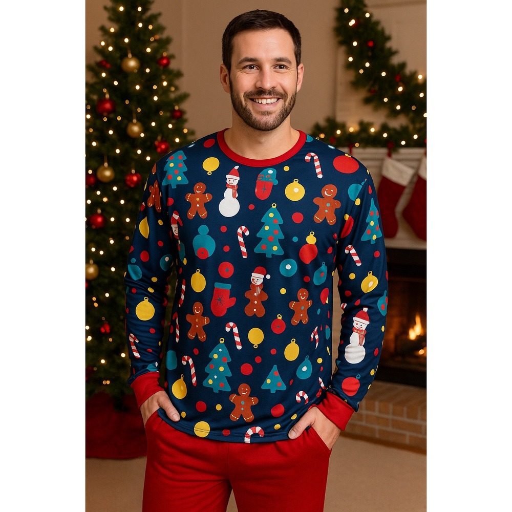 Men’s L Christmas‎ Pajama Top – Gingerbread, Snowmen, Holiday Print